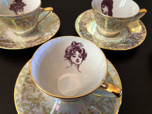 "Starke Frauen, stolze Damen" Vintage Kaffee-Set in Perlmutt-Glasur mit Goldrand